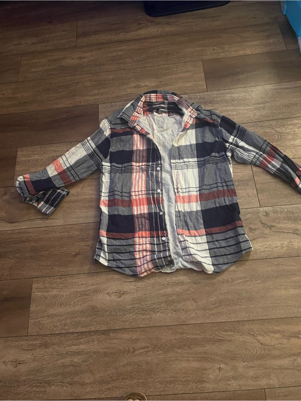 Banana Republic Navy, White & Coral Plaid Long Sleeve Shirt